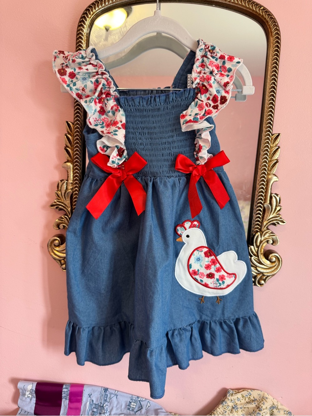 Denim Floral-Ruffle Girls' Skirted Dress with Red Bows
